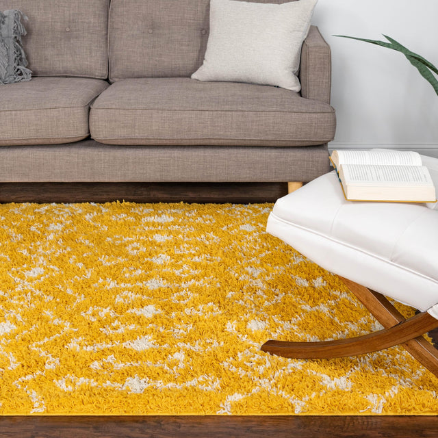 Yellow 2' x 3' 1 Moroccan Trellis Shag Rectangle Area Rug Thick Soft Touch Fluffy & Plush Shaggy Pile