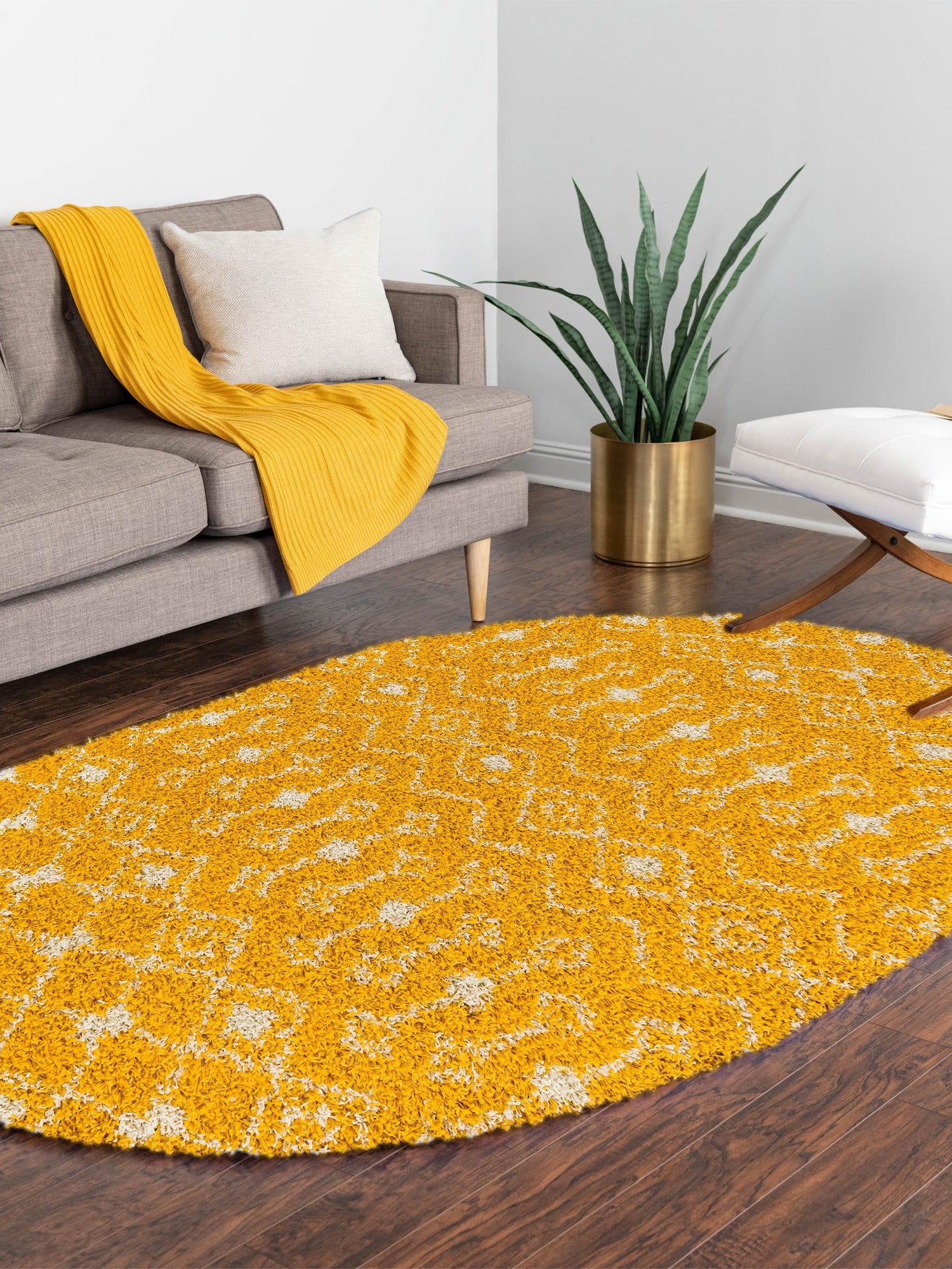 Yellow 4' 1 x 6' 1 Moroccan Trellis Shag Oval Area Rug Thick Soft Touch Fluffy & Plush Shaggy Pile 100% Polypropylene Geometric Traditional Carpet for Sale at Rug Engine