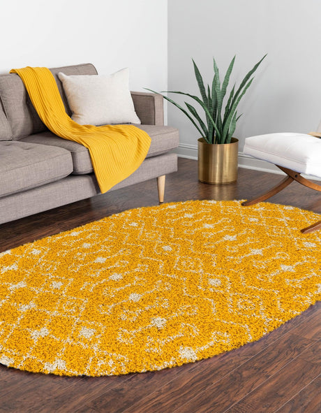 Yellow 4' 1 x 6' 1 Moroccan Trellis Shag Oval Area Rug Thick Soft Touch Fluffy & Plush Shaggy Pile 100% Polypropylene Geometric Traditional Carpet for Sale at Rug Engine