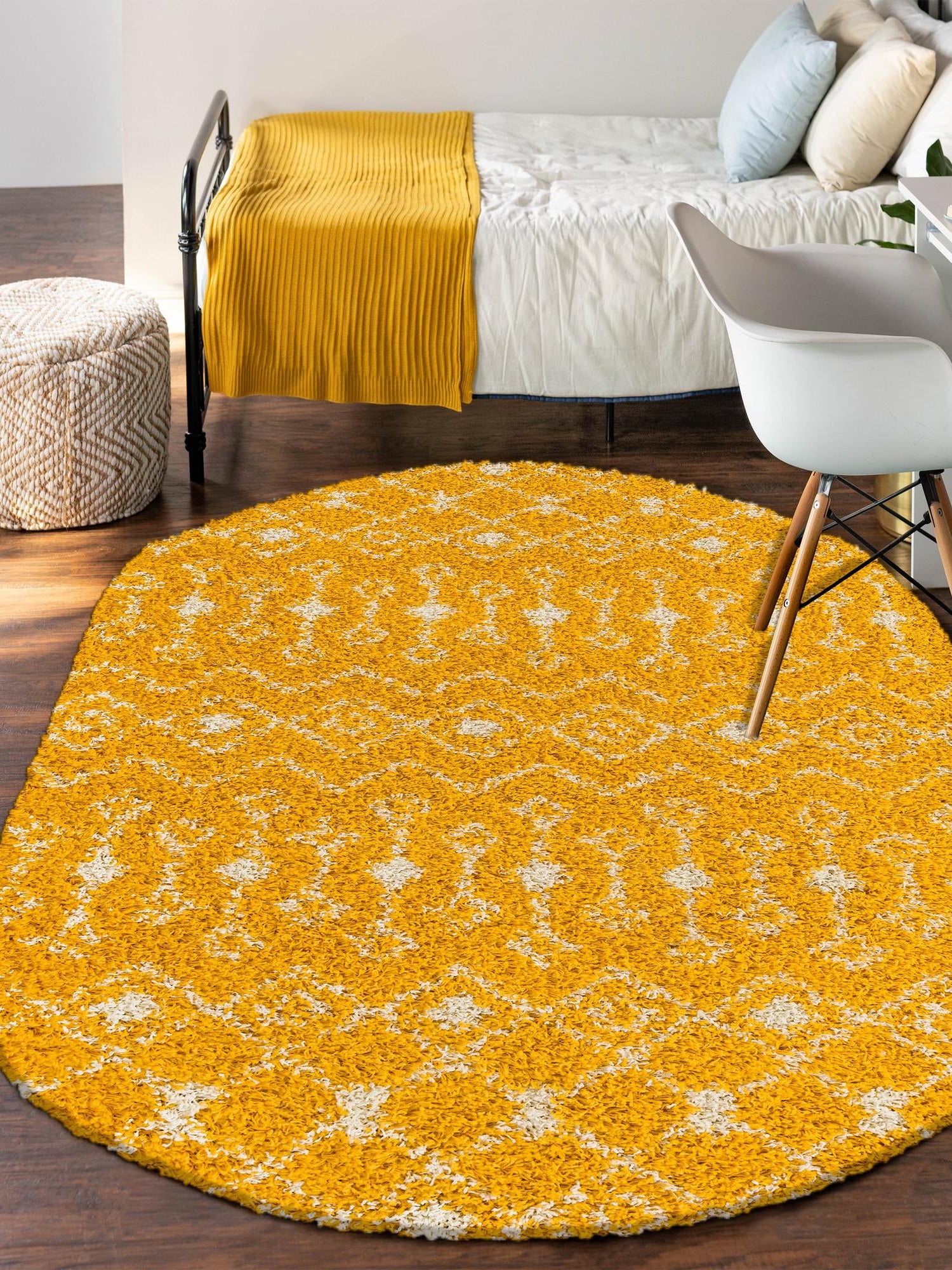 Yellow 7' 10 x 10' Moroccan Trellis Shag Oval Area Rug Thick Soft Touch Fluffy & Plush Shaggy Pile 100% Polypropylene Geometric Traditional Carpet for Sale at Rug Engine