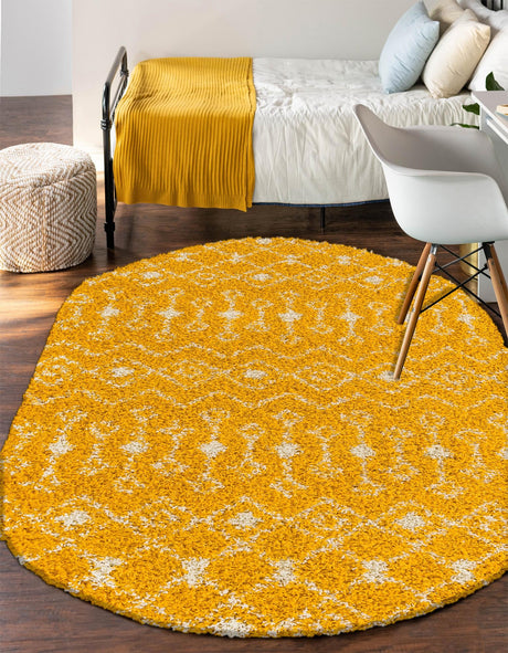 Yellow 7' 10 x 10' Moroccan Trellis Shag Oval Area Rug Thick Soft Touch Fluffy & Plush Shaggy Pile 100% Polypropylene Geometric Traditional Carpet for Sale at Rug Engine