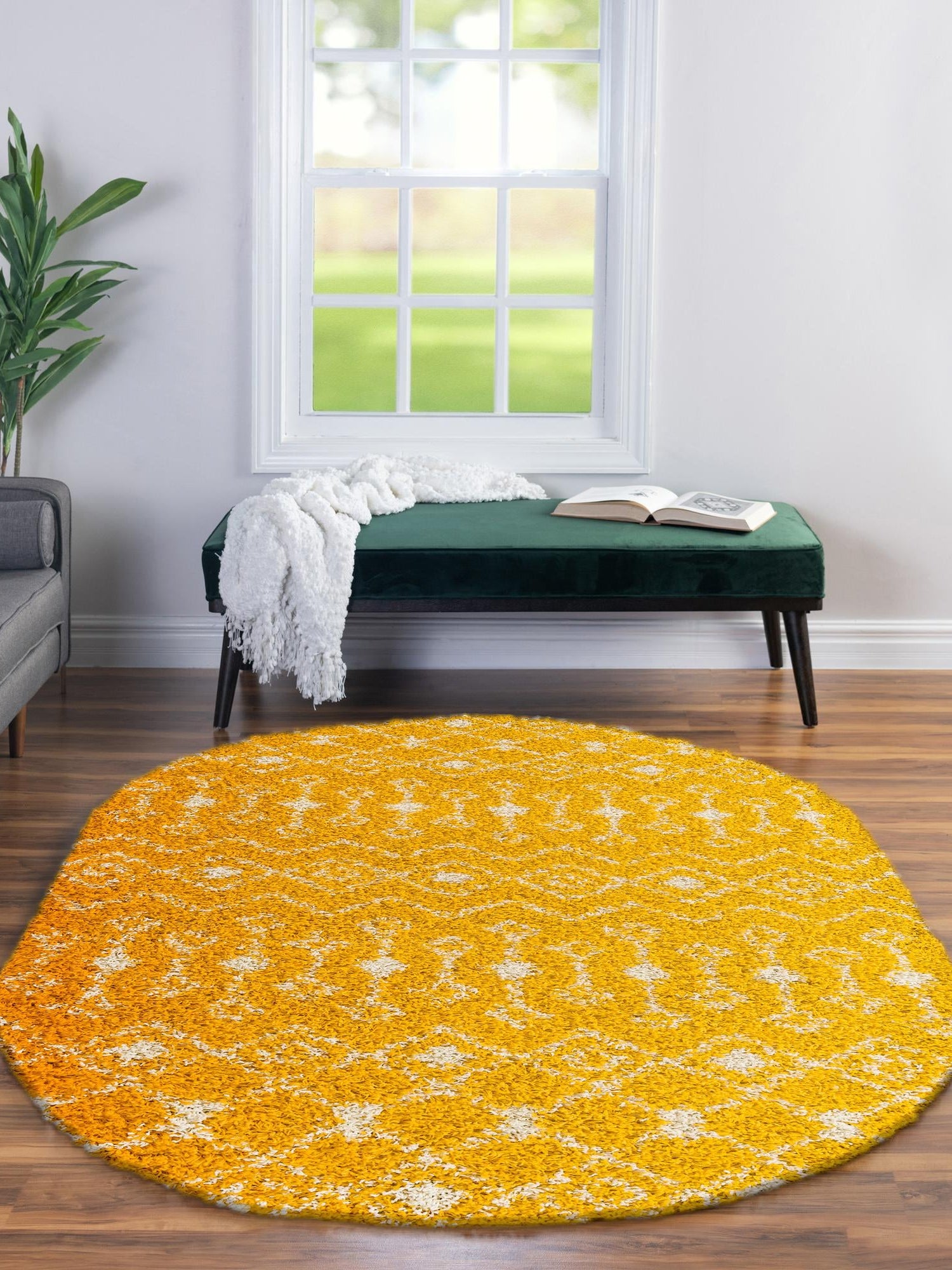 Yellow 4' 1 x 6' 1 Moroccan Trellis Shag Oval Area Rug Thick Soft Touch Fluffy & Plush Shaggy Pile 100% Polypropylene Geometric Traditional Carpet for Sale at Rug Engine