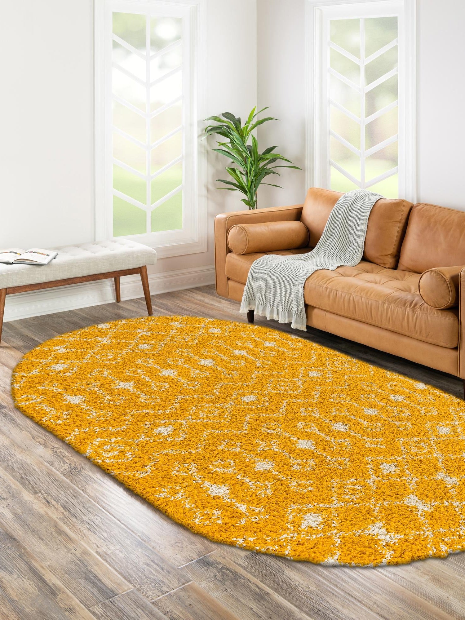 Yellow 7' 10 x 10' Moroccan Trellis Shag Oval Area Rug Thick Soft Touch Fluffy & Plush Shaggy Pile 100% Polypropylene Geometric Traditional Carpet for Sale at Rug Engine