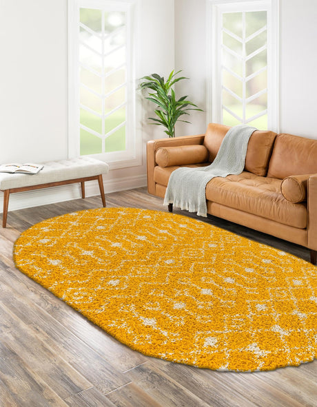 Yellow 7' 10 x 10' Moroccan Trellis Shag Oval Area Rug Thick Soft Touch Fluffy & Plush Shaggy Pile 100% Polypropylene Geometric Traditional Carpet for Sale at Rug Engine