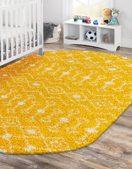 Yellow 4' 1 x 6' 1 Moroccan Trellis Shag Oval Area Rug Thick Soft Touch Fluffy & Plush Shaggy Pile 100% Polypropylene Geometric Traditional Carpet for Sale at Rug Engine