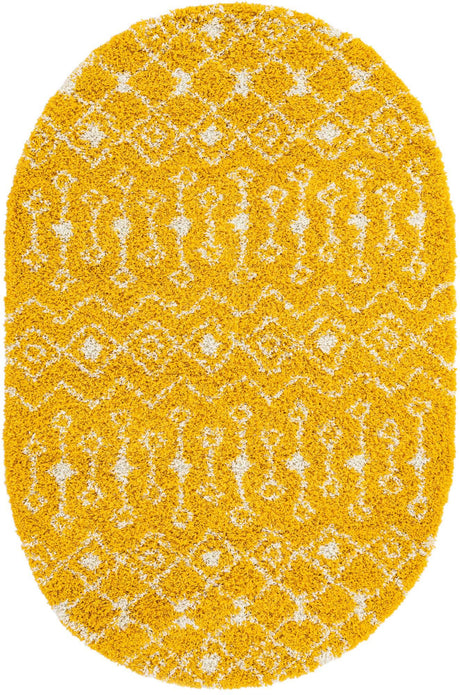 Yellow 5' 3 x 8' Moroccan Trellis Shag Oval Area Rug Thick Soft Touch Fluffy & Plush Shaggy Pile