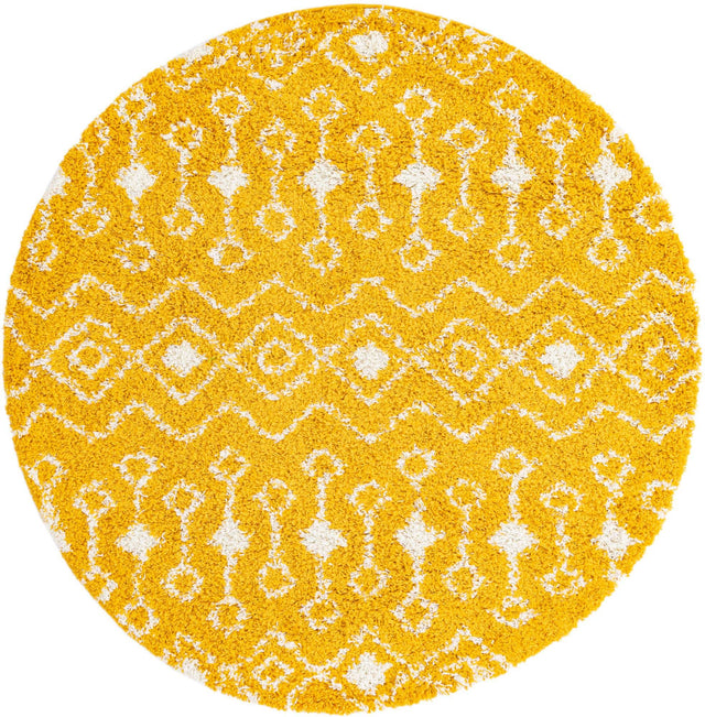 Yellow 6' 1 x 6' 1 Moroccan Trellis Shag Round Area Rug Thick Soft Touch Fluffy & Plush Shaggy Pile