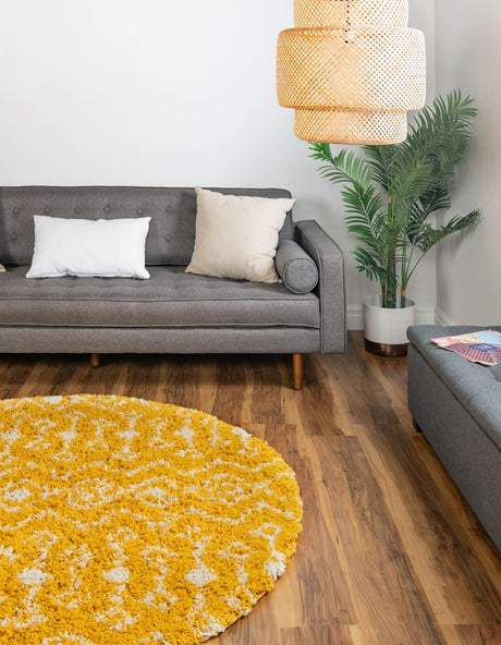 Yellow 6' 1 x 6' 1 Moroccan Trellis Shag Round Area Rug Thick Soft Touch Fluffy & Plush Shaggy Pile 100% Polypropylene Geometric Traditional Carpet for Sale at Rug Engine