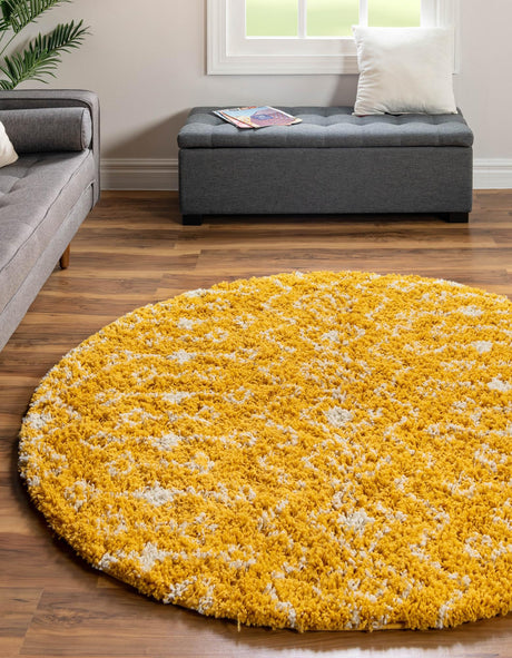 Yellow 5' 3 x 5' 3 Moroccan Trellis Shag Round Area Rug Thick Soft Touch Fluffy & Plush Shaggy Pile 100% Polypropylene Geometric Traditional Carpet for Sale at Rug Engine