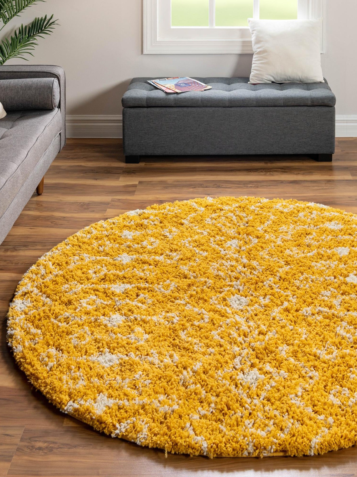 Yellow 7' 10 x 7' 10 Moroccan Trellis Shag Round Area Rug Thick Soft Touch Fluffy & Plush Shaggy Pile 100% Polypropylene Geometric Traditional Carpet for Sale at Rug Engine
