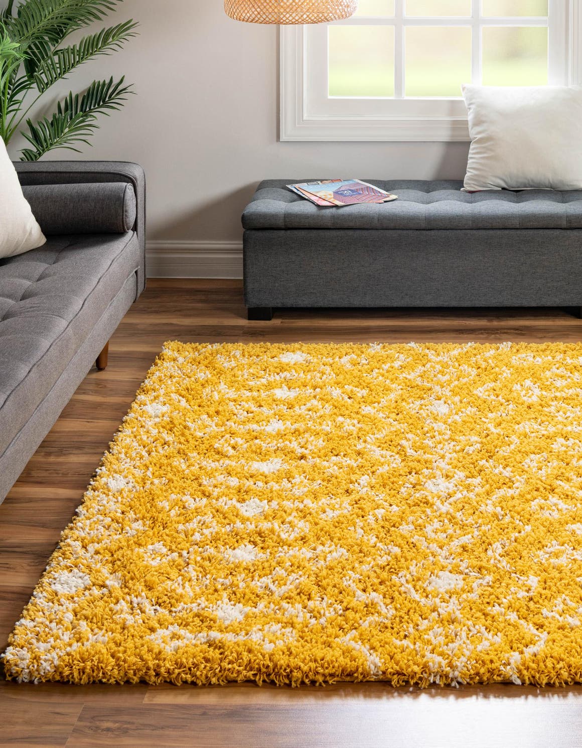 Yellow 4' 1 x 4' 1 Moroccan Trellis Shag Square Area Rug Thick Soft Touch Fluffy & Plush Shaggy Pile 100% Polypropylene Geometric Traditional Carpet for Sale at Rug Engine