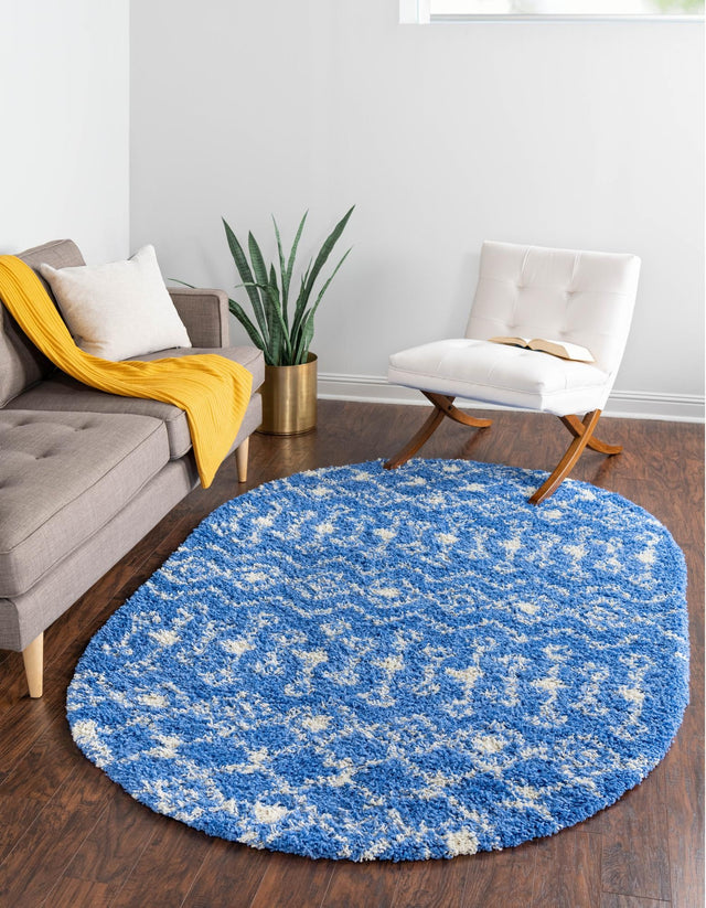 Periwinkle Blue 5' 3 x 8' Moroccan Trellis Shag Oval Area Rug Thick Soft Touch Fluffy & Plush Shaggy Pile