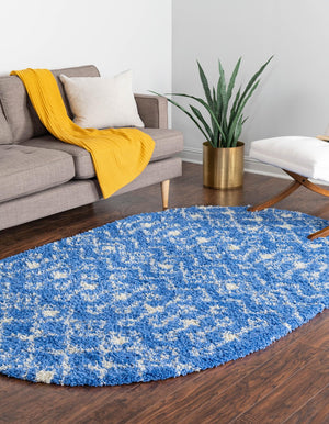 Periwinkle Blue 5' 3 x 8' Moroccan Trellis Shag Oval Area Rug Thick Soft Touch Fluffy & Plush Shaggy Pile