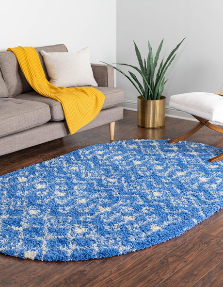 Periwinkle Blue 5' 3 x 8' Moroccan Trellis Shag Oval Area Rug Thick Soft Touch Fluffy & Plush Shaggy Pile 100% Polypropylene Geometric Traditional Carpet for Sale at Rug Engine