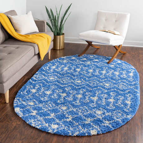 Periwinkle Blue 5' 3 x 8' Moroccan Trellis Shag Oval Area Rug Thick Soft Touch Fluffy & Plush Shaggy Pile 100% Polypropylene Geometric Traditional Carpet for Sale at Rug Engine