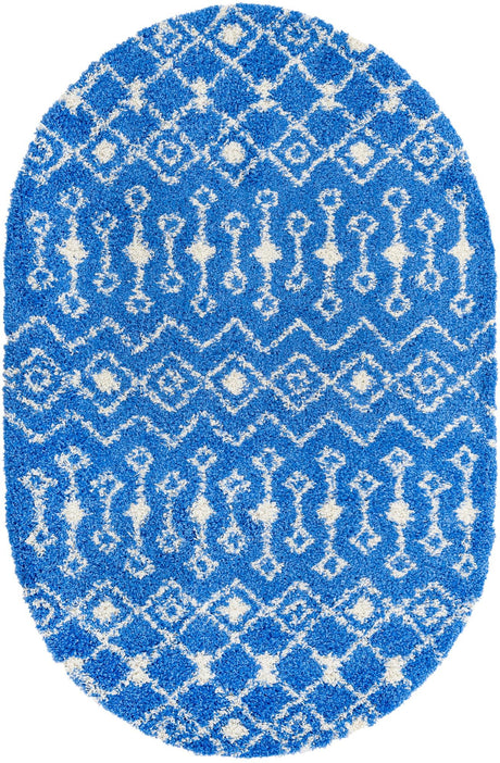 Periwinkle Blue 5' 3 x 8' Moroccan Trellis Shag Oval Area Rug Thick Soft Touch Fluffy & Plush Shaggy Pile