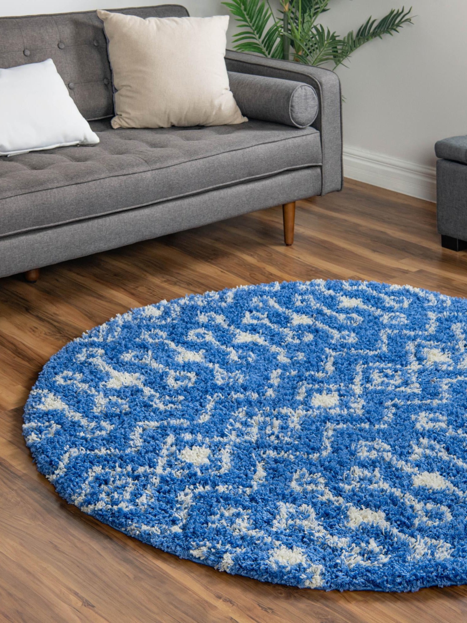 Periwinkle Blue 7' 10 x 7' 10 Moroccan Trellis Shag Round Area Rug Thick Soft Touch Fluffy & Plush Shaggy Pile 100% Polypropylene Geometric Traditional Carpet for Sale at Rug Engine