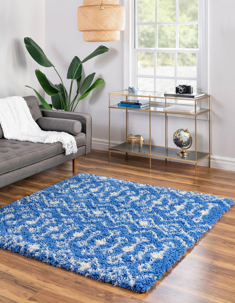 Periwinkle Blue 5' 3 x 5' 3 Moroccan Trellis Shag Square Area Rug Thick Soft Touch Fluffy & Plush Shaggy Pile