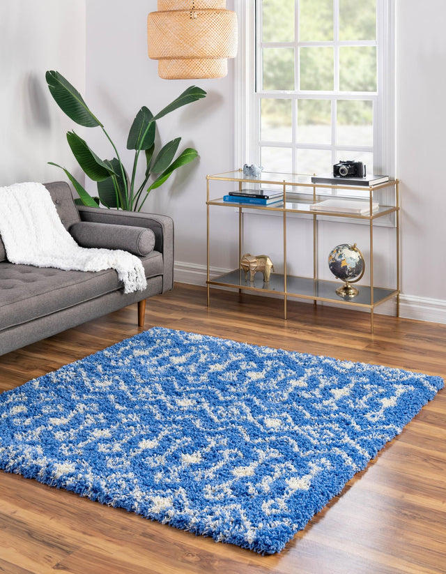 Periwinkle Blue 5' 3 x 5' 3 Moroccan Trellis Shag Square Area Rug Thick Soft Touch Fluffy & Plush Shaggy Pile