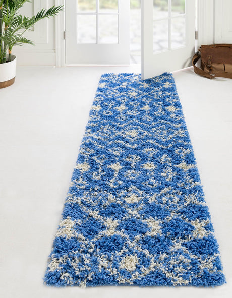 Periwinkle Blue 2' x 7' Moroccan Trellis Shag Runner Rug