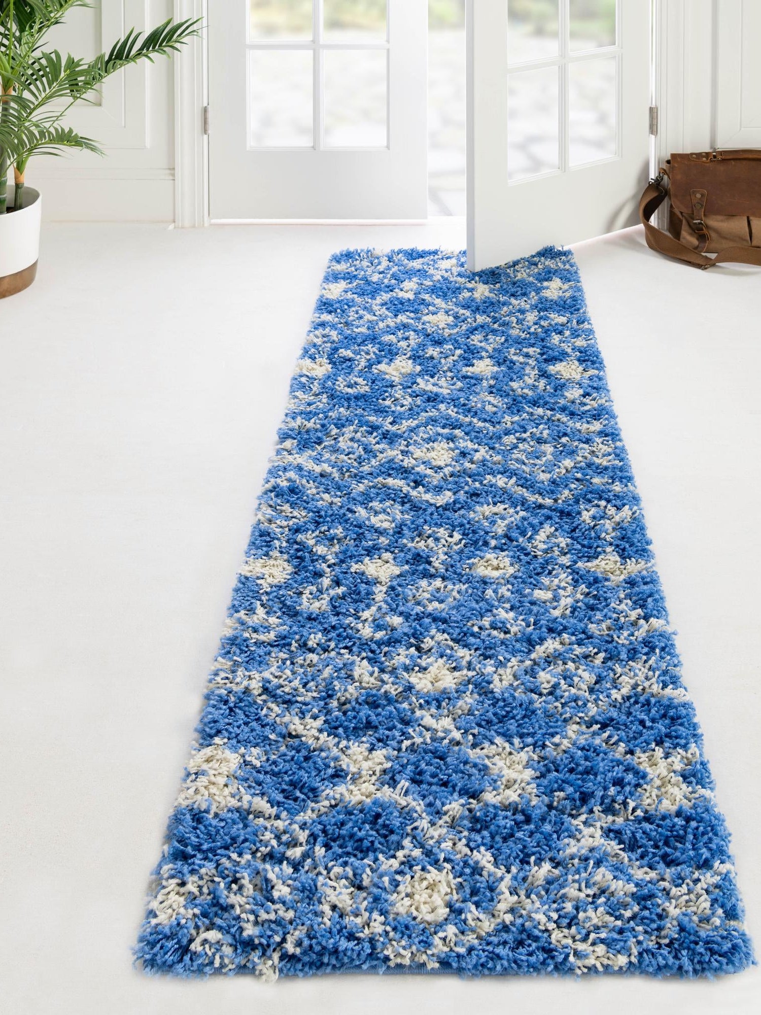 Periwinkle Blue 2' 7 x 12' Moroccan Trellis Shag Runner Area Rug Thick Soft Touch Fluffy & Plush Shaggy Pile 100% Polypropylene Geometric Traditional Carpet for Sale at Rug Engine