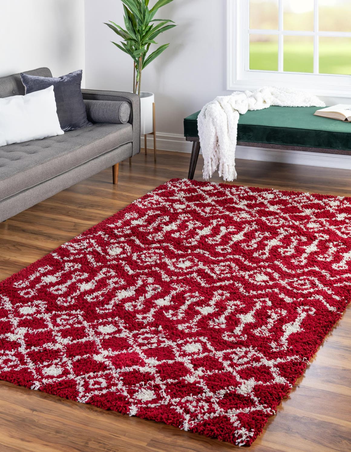 Burgundy Red 2' x 3' 1 Moroccan Trellis Shag Rectangle Area Rug Thick Soft Touch Fluffy & Plush Shaggy Pile 100% Polypropylene Geometric Traditional Carpet for Sale at Rug Engine