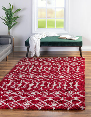 Burgundy Red 4' 1 x 6' 1 Moroccan Trellis Shag Rectangle Area Rug Thick Soft Touch Fluffy & Plush Shaggy Pile