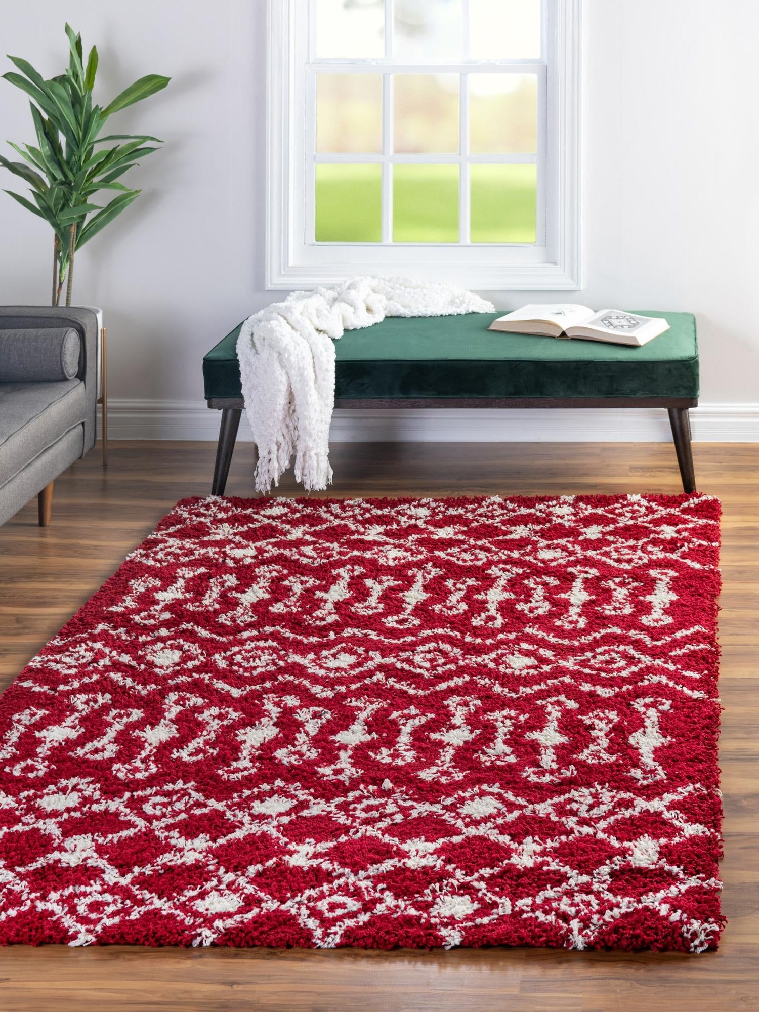 Burgundy Red 9' x 12' Moroccan Trellis Shag Rectangle Area Rug Thick Soft Touch Fluffy & Plush Shaggy Pile 100% Polypropylene Geometric Traditional Carpet for Sale at Rug Engine