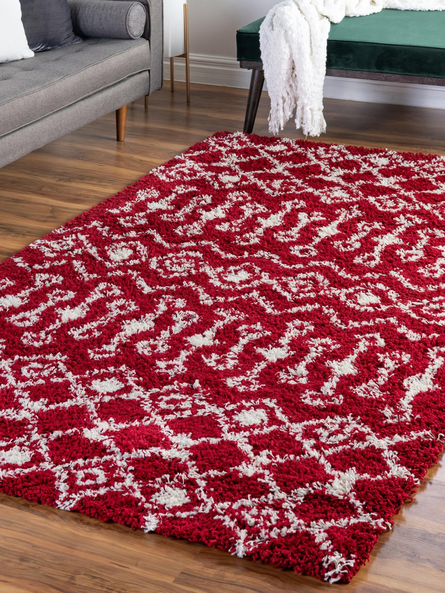 Burgundy Red 2' x 3' 1 Moroccan Trellis Shag Rectangle Area Rug Thick Soft Touch Fluffy & Plush Shaggy Pile 100% Polypropylene Geometric Traditional Carpet for Sale at Rug Engine