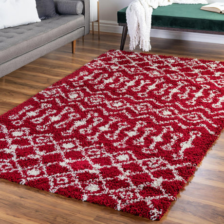 Burgundy Red 5' 3 x 8' Moroccan Trellis Shag Rectangle Area Rug Thick Soft Touch Fluffy & Plush Shaggy Pile 100% Polypropylene Geometric Traditional Carpet for Sale at Rug Engine
