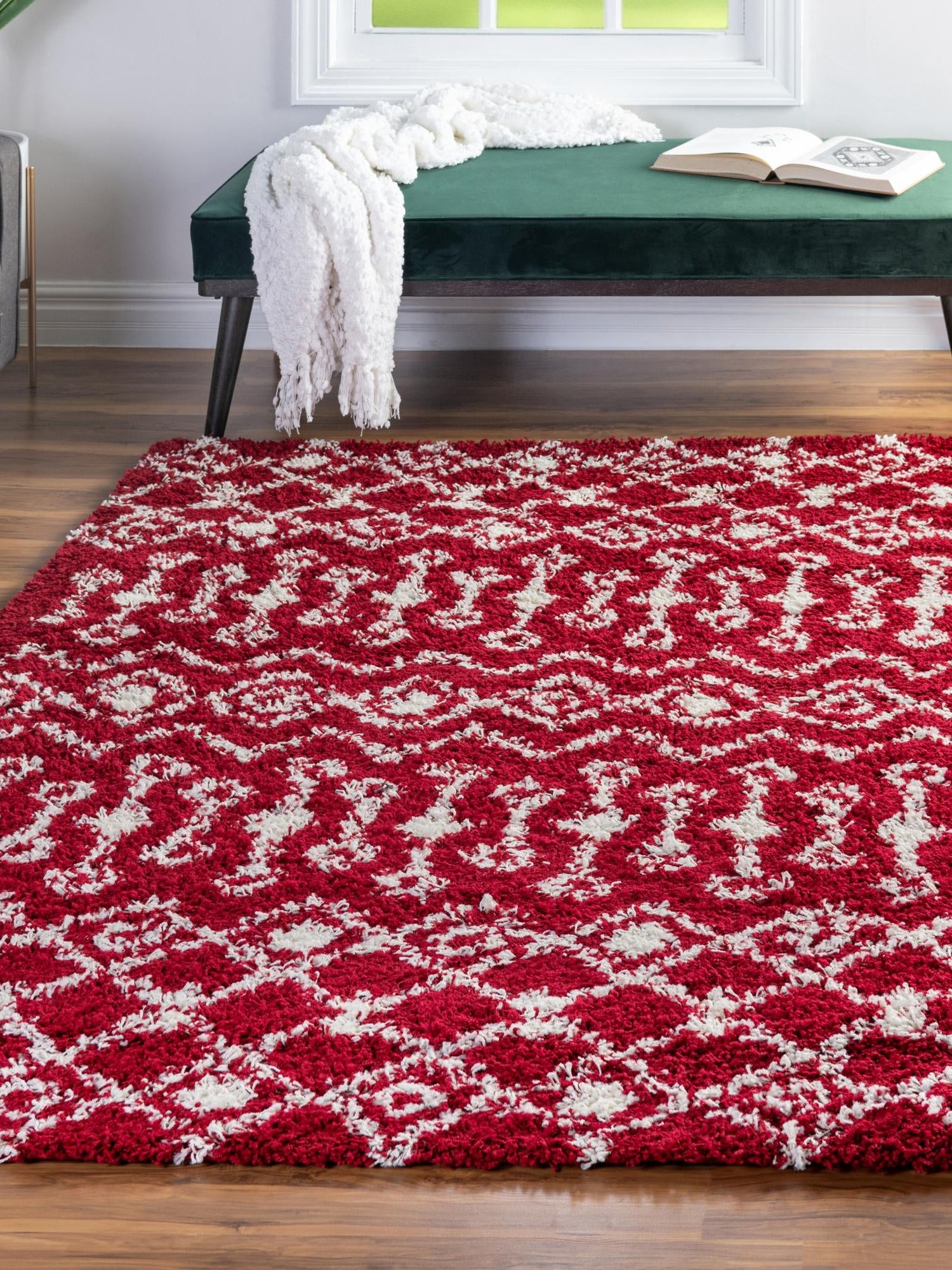 Burgundy Red 7' 10 x 10' Moroccan Trellis Shag Rectangle Area Rug Thick Soft Touch Fluffy & Plush Shaggy Pile 100% Polypropylene Geometric Traditional Carpet for Sale at Rug Engine