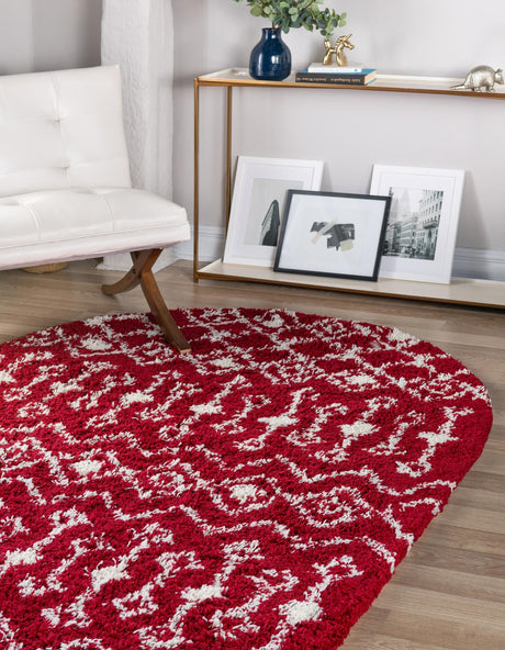 Burgundy Red 5' 3 x 8' Moroccan Trellis Shag Oval Area Rug Thick Soft Touch Fluffy & Plush Shaggy Pile 100% Polypropylene Geometric Traditional Carpet for Sale at Rug Engine