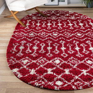 Burgundy Red 5' 3 x 8' Moroccan Trellis Shag Oval Area Rug Thick Soft Touch Fluffy & Plush Shaggy Pile