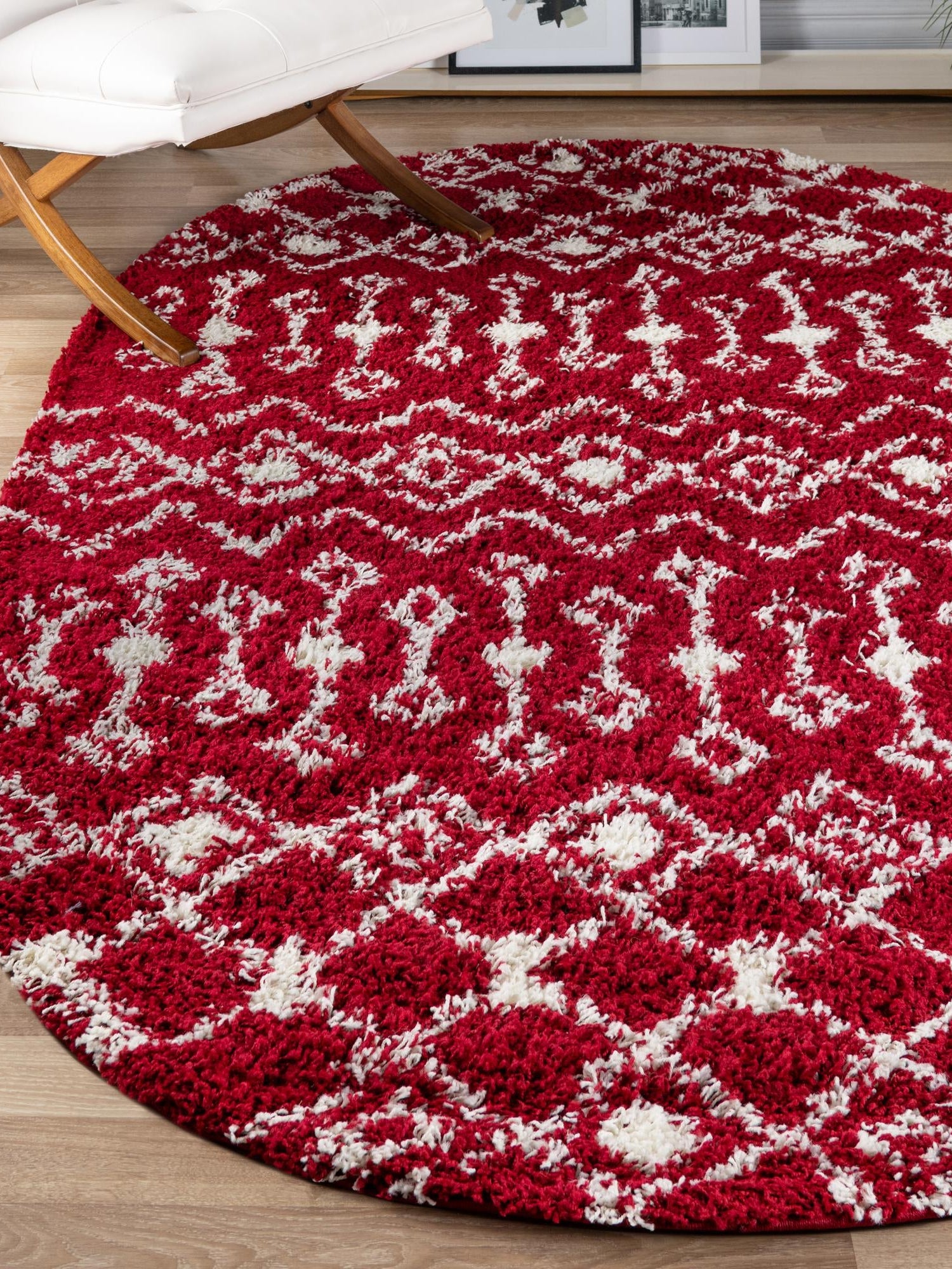 Burgundy Red 7' 10 x 10' Moroccan Trellis Shag Oval Area Rug Thick Soft Touch Fluffy & Plush Shaggy Pile 100% Polypropylene Geometric Traditional Carpet for Sale at Rug Engine