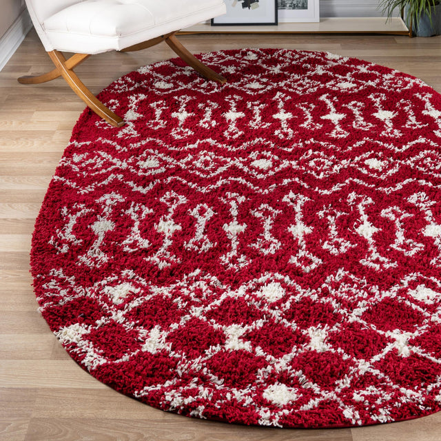 Burgundy Red 7' 10 x 10' Moroccan Trellis Shag Oval Area Rug Thick Soft Touch Fluffy & Plush Shaggy Pile