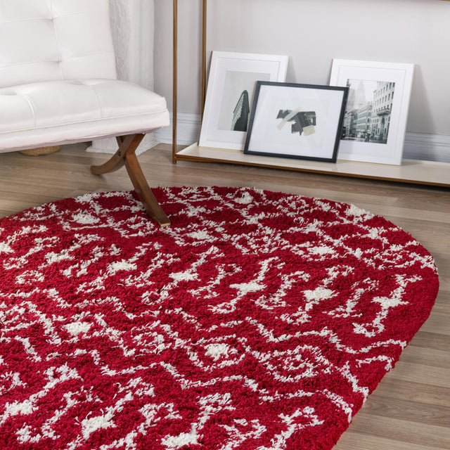Burgundy Red 7' 10 x 10' Moroccan Trellis Shag Oval Area Rug Thick Soft Touch Fluffy & Plush Shaggy Pile