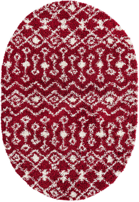 Burgundy Red 4' 1 x 6' 1 Moroccan Trellis Shag Oval Area Rug Thick Soft Touch Fluffy & Plush Shaggy Pile