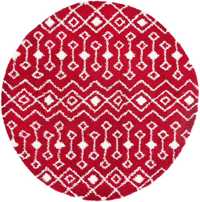 Burgundy Red 10' x 10' Moroccan Trellis Shag Round Area Rug Thick Soft Touch Fluffy & Plush Shaggy Pile
