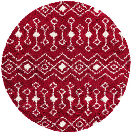 Burgundy Red 7' 10 x 7' 10 Moroccan Trellis Shag Round Area Rug Thick Soft Touch Fluffy & Plush Shaggy Pile