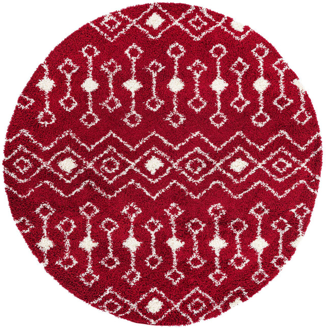 Burgundy Red 7' 10 x 7' 10 Moroccan Trellis Shag Round Area Rug Thick Soft Touch Fluffy & Plush Shaggy Pile