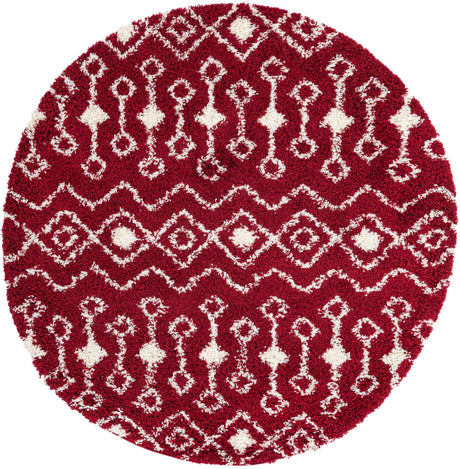 Burgundy Red 6' 1 x 6' 1 Moroccan Trellis Shag Round Area Rug Thick Soft Touch Fluffy & Plush Shaggy Pile