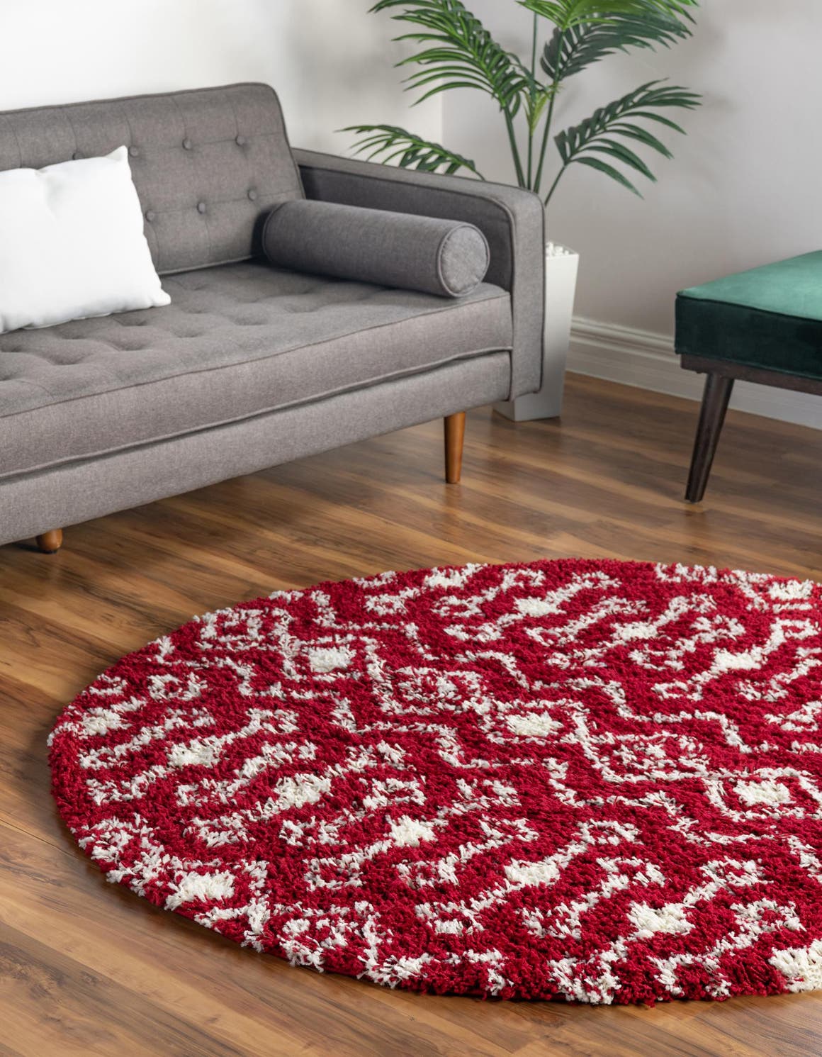 Burgundy Red 6' 1 x 6' 1 Moroccan Trellis Shag Round Area Rug Thick Soft Touch Fluffy & Plush Shaggy Pile 100% Polypropylene Geometric Traditional Carpet for Sale at Rug Engine