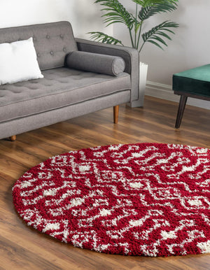 Burgundy Red 5' 3 x 5' 3 Moroccan Trellis Shag Round Area Rug Thick Soft Touch Fluffy & Plush Shaggy Pile