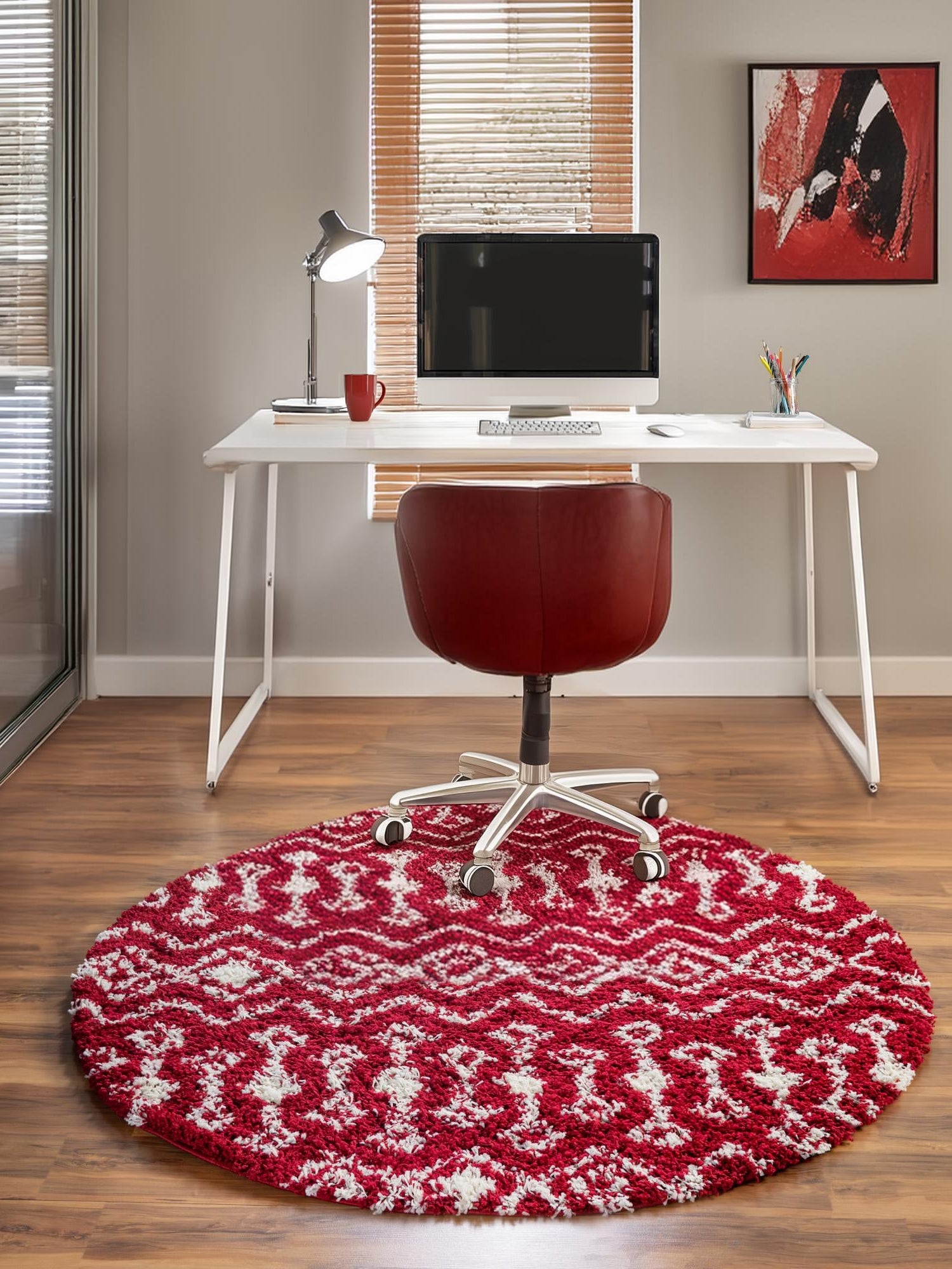Burgundy Red 7' 10 x 7' 10 Moroccan Trellis Shag Round Area Rug Thick Soft Touch Fluffy & Plush Shaggy Pile 100% Polypropylene Geometric Traditional Carpet for Sale at Rug Engine