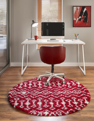 Burgundy Red 5' 3 x 5' 3 Moroccan Trellis Shag Round Area Rug Thick Soft Touch Fluffy & Plush Shaggy Pile