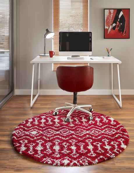 Burgundy Red 5' 3 x 5' 3 Moroccan Trellis Shag Round Area Rug Thick Soft Touch Fluffy & Plush Shaggy Pile 100% Polypropylene Geometric Traditional Carpet for Sale at Rug Engine