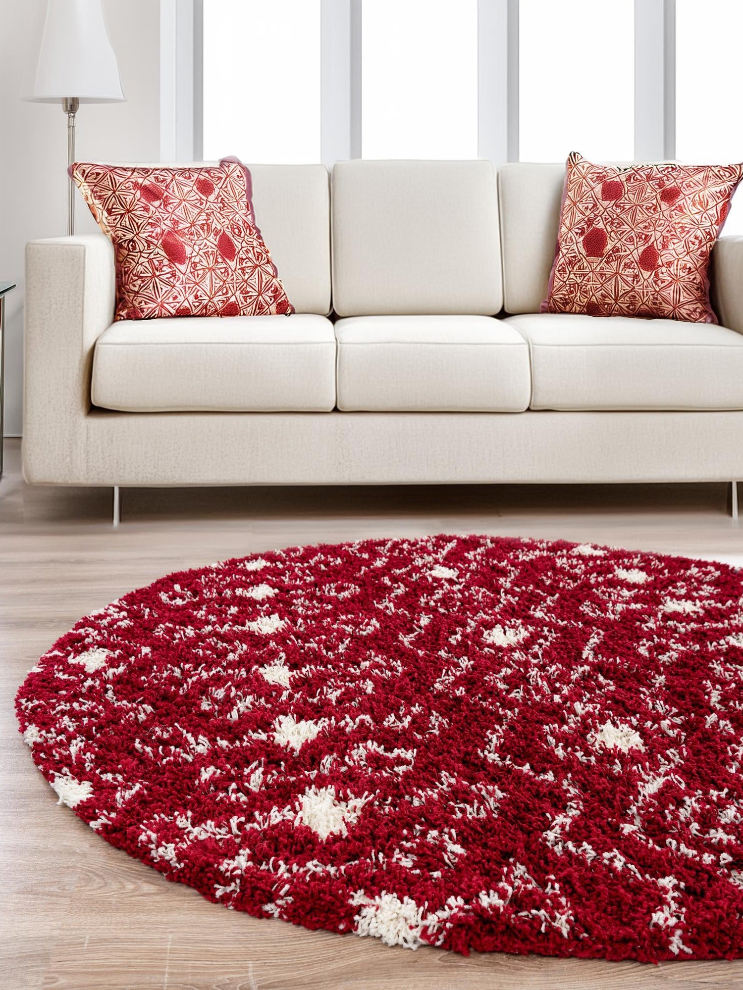 Burgundy Red 3' 1 x 3' 1 Moroccan Trellis Shag Round Area Rug Thick Soft Touch Fluffy & Plush Shaggy Pile 100% Polypropylene Geometric Traditional Carpet for Sale at Rug Engine