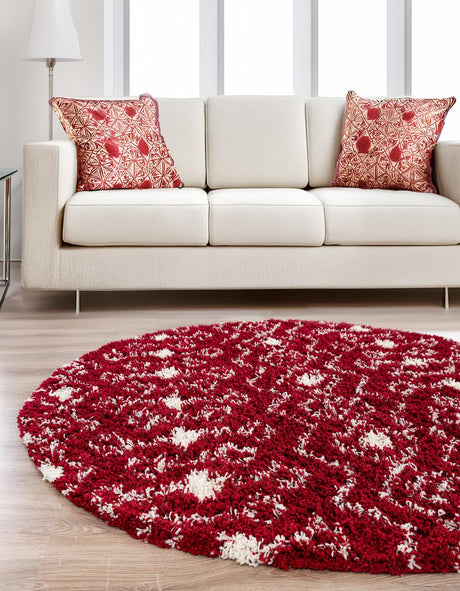 Burgundy Red 3' 1 x 3' 1 Moroccan Trellis Shag Round Area Rug Thick Soft Touch Fluffy & Plush Shaggy Pile 100% Polypropylene Geometric Traditional Carpet for Sale at Rug Engine