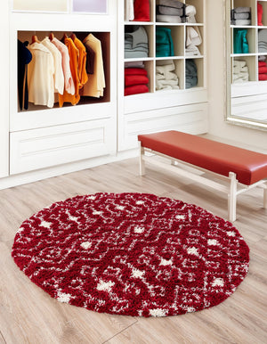 Burgundy Red 5' 3 x 5' 3 Moroccan Trellis Shag Round Area Rug Thick Soft Touch Fluffy & Plush Shaggy Pile