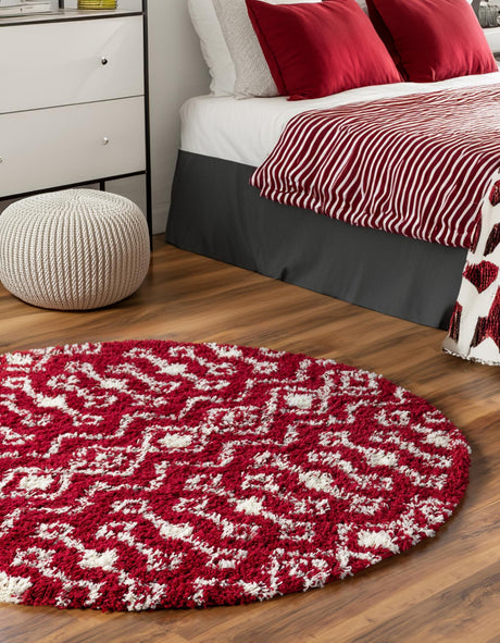 Burgundy Red 5' 3 x 5' 3 Moroccan Trellis Shag Round Area Rug Thick Soft Touch Fluffy & Plush Shaggy Pile 100% Polypropylene Geometric Traditional Carpet for Sale at Rug Engine